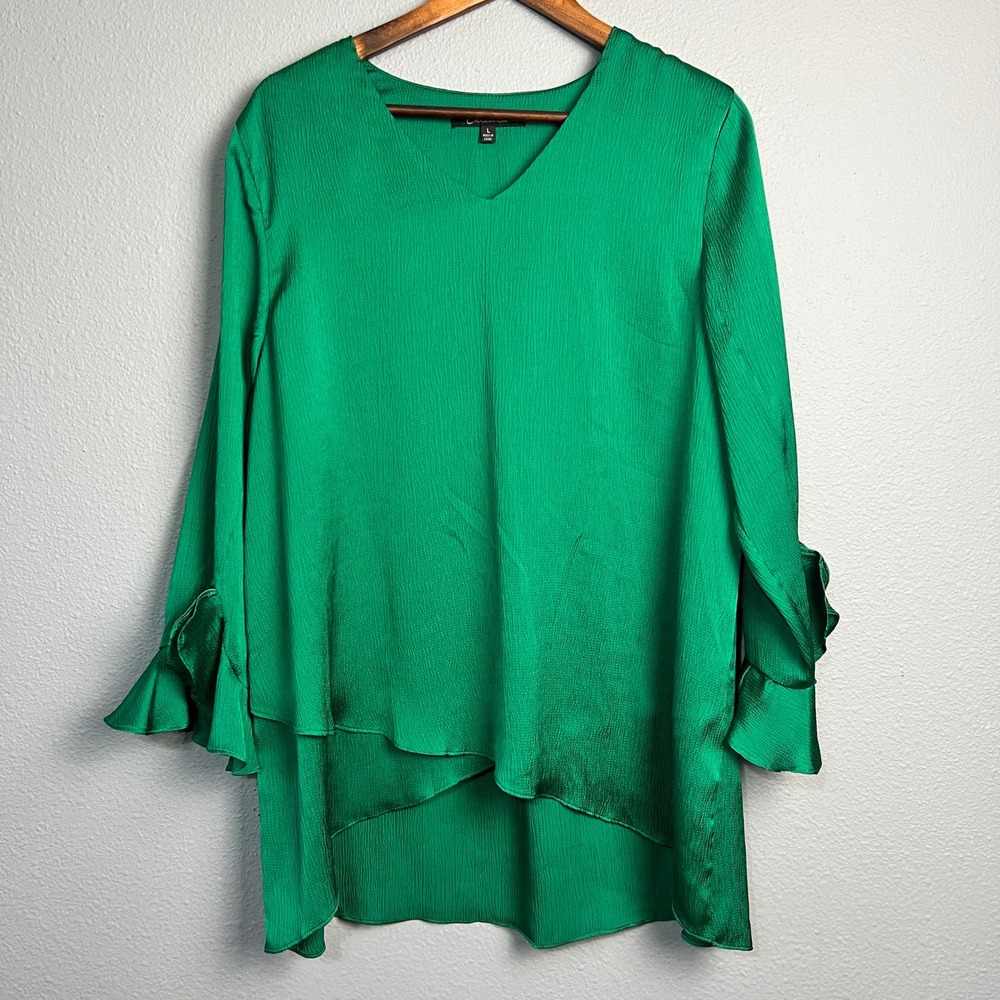 Calessa Kelly Green Blouse Ruffle Flutter Cuff Long Sleeve V Neck Boho Size L